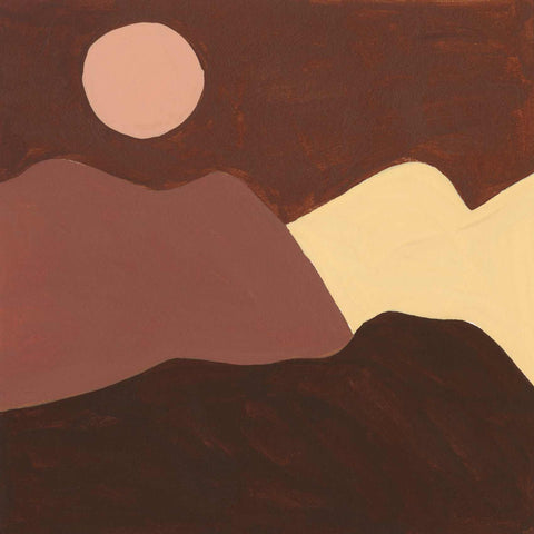 a painting of a mountain with a sun in the background