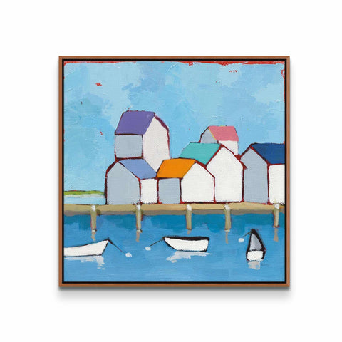 a painting of boats in a harbor with houses in the background