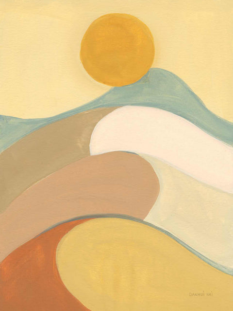 a painting of a yellow sun over a hill