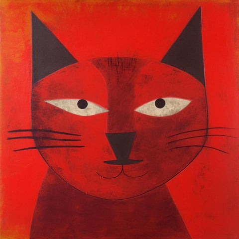 a painting of a cat on a red background