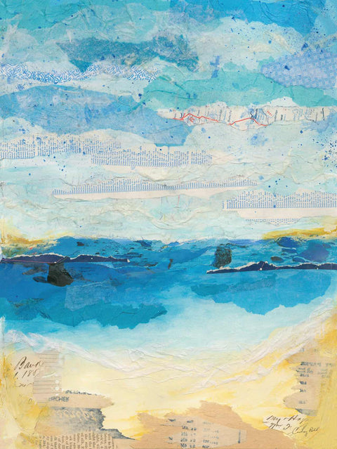 a painting of a beach with blue water and clouds