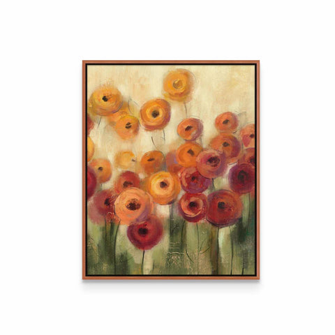 a painting of orange and red flowers on a white background