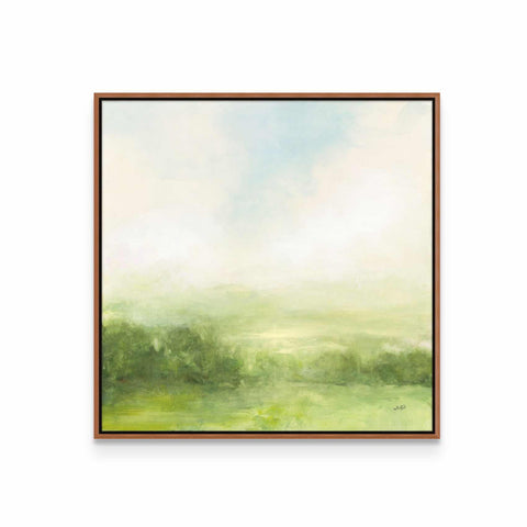 a painting of a green field with a sky in the background