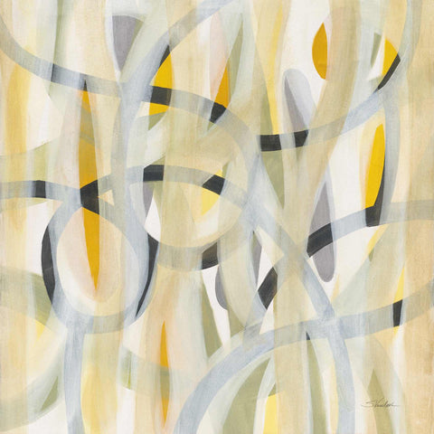 a painting of yellow and grey circles and lines