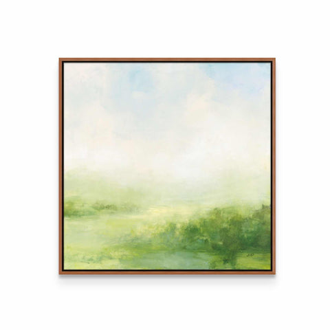 a painting of a green field with a sky background