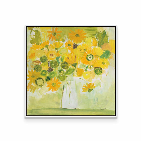 a painting of yellow flowers in a white vase