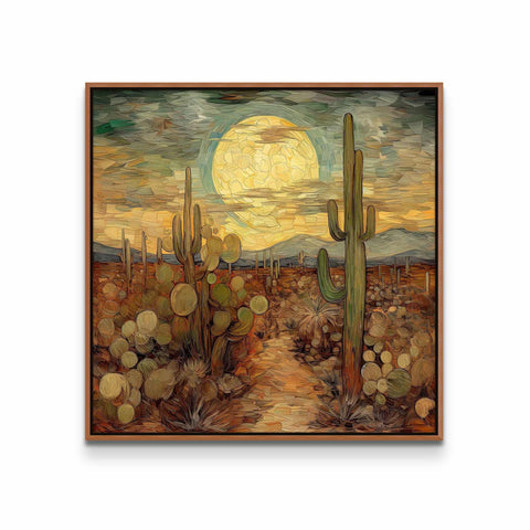 a painting of a desert with cactus trees and a full moon