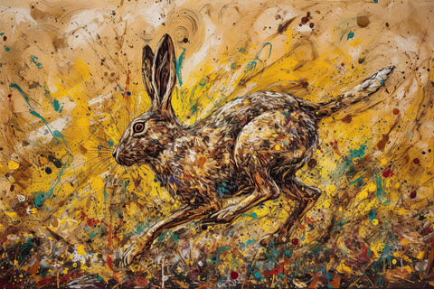 a painting of a rabbit running through a field