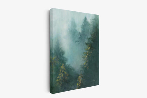 a painting of a foggy forest with trees