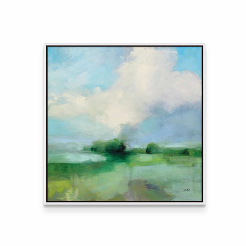 a painting of a green field with a blue sky in the background