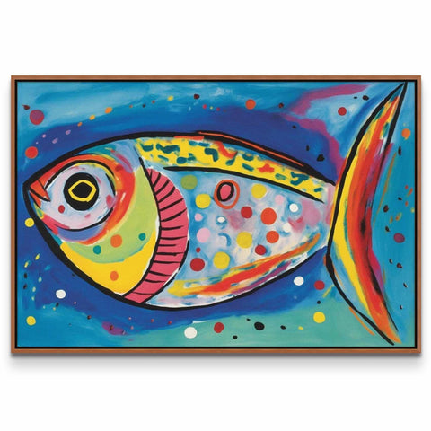 a painting of a colorful fish on a blue background