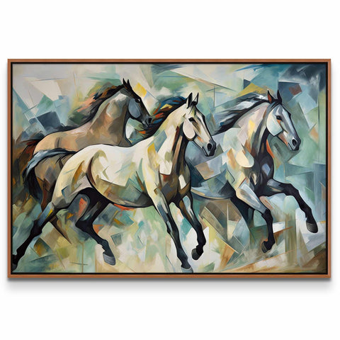 a painting of three horses running in the wind