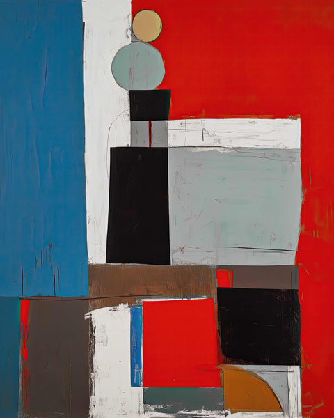 an abstract painting with a red, blue, and brown color scheme