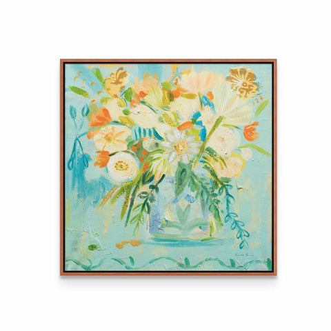 a painting of flowers in a vase on a blue background