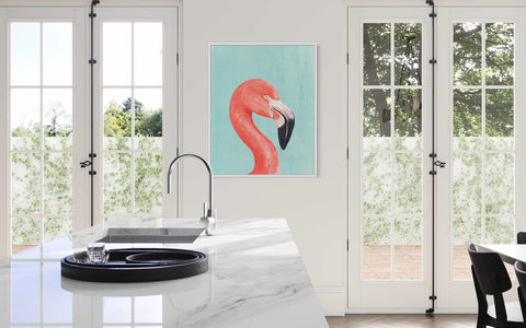 a painting of a flamingo on a wall in a kitchen