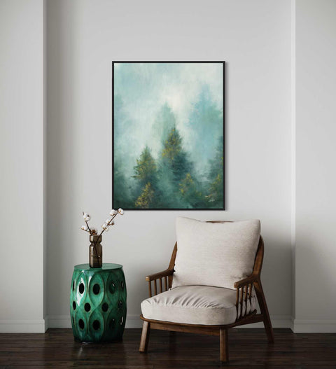 a painting hanging on a wall next to a chair