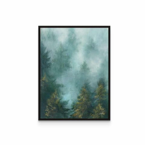 a painting of a foggy forest with trees