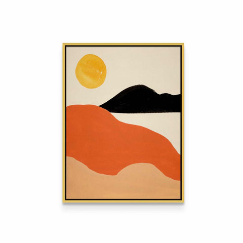 a painting of a desert with a sun in the background