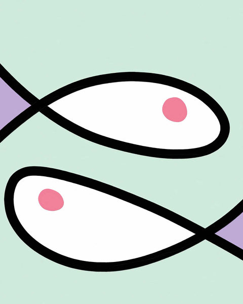 an abstract painting of a fish with pink dots