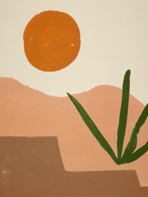 a painting of a plant with an orange in the background