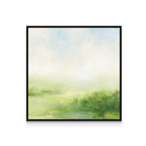 a painting of a green field with a blue sky in the background