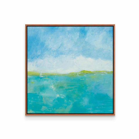 a painting of a blue ocean with a sky background