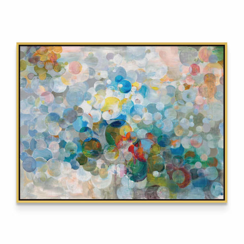 an abstract painting with a gold frame on a white wall
