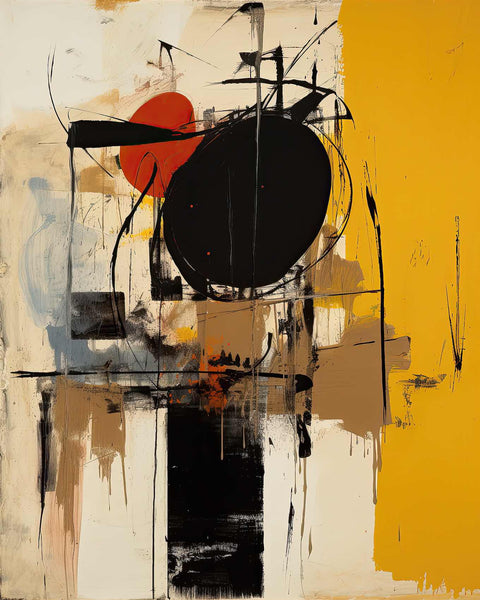 an abstract painting with black, yellow, and red colors