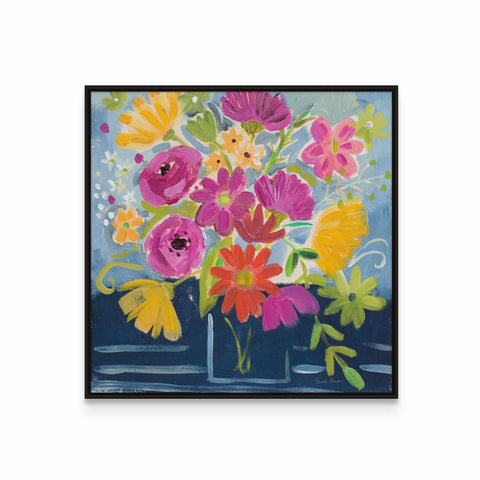 a painting of colorful flowers in a vase