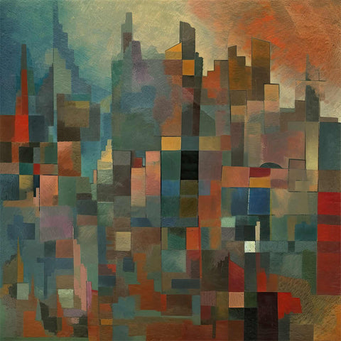 a painting of a city with lots of buildings
