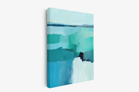 a painting on a white wall with blue and green colors