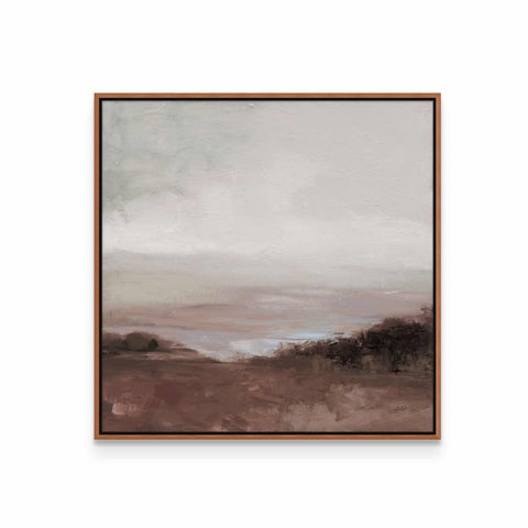 a painting with a brown frame hanging on a wall