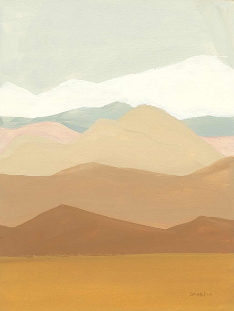 a painting of a mountain range with a sky background