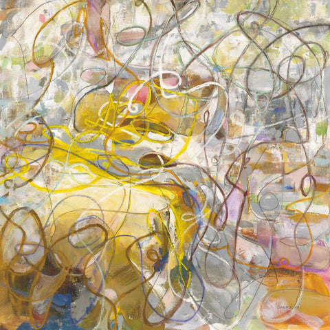 a painting of a yellow vase with many circles around it