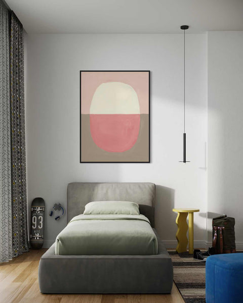 a bedroom with a bed and a painting on the wall