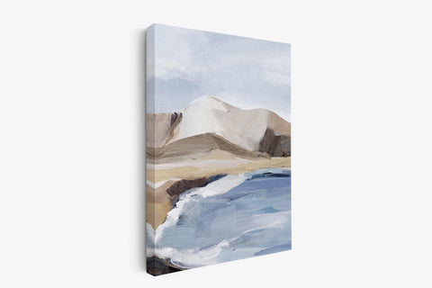a painting of a mountain and a body of water