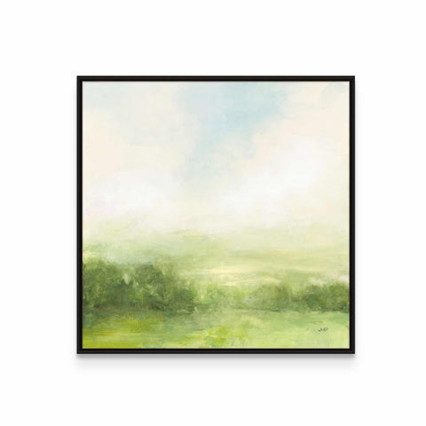 a painting of a green field with a sky background