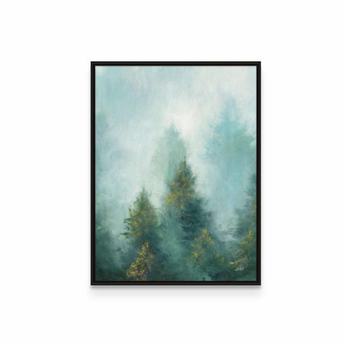 a painting of a foggy forest with trees