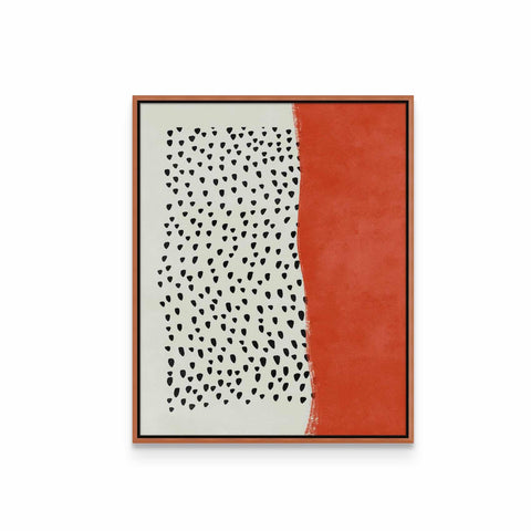 a red and white painting with dots on it