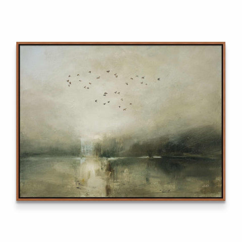 a painting of birds flying over a body of water