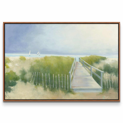 a painting of a boardwalk leading to the beach