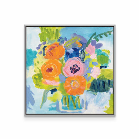 a painting of colorful flowers in a vase