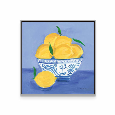 a painting of lemons in a blue and white bowl