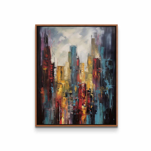 a painting of a cityscape in a wooden frame