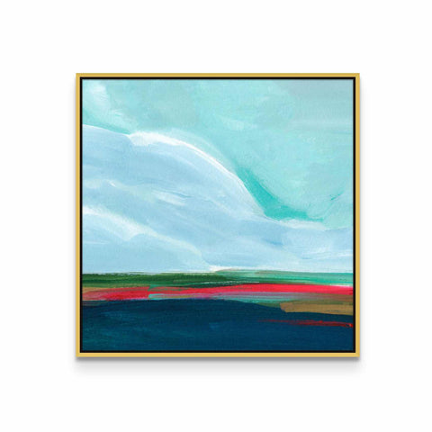 a painting of a blue, green, and red landscape