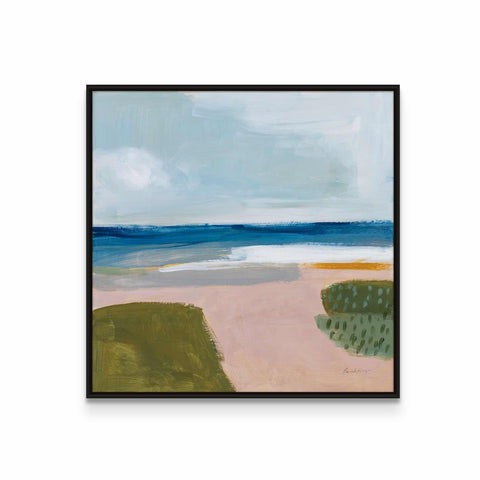 a painting of a beach with a sky background