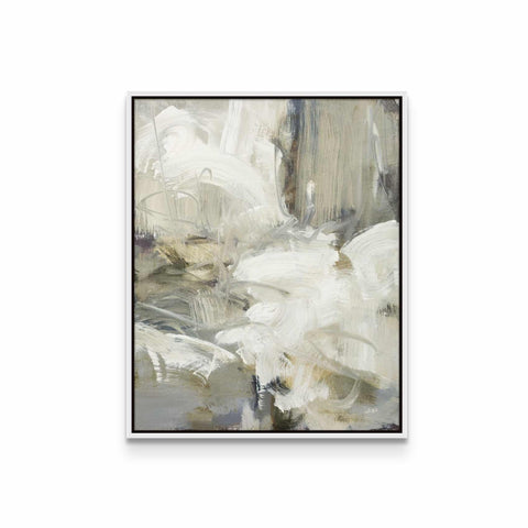 an abstract painting with white and grey colors