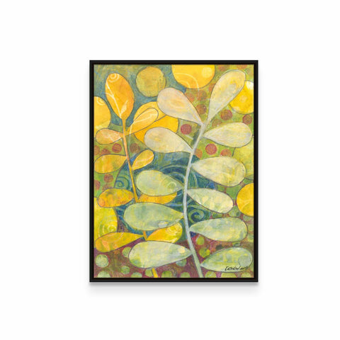 a painting of yellow and green leaves on a white background