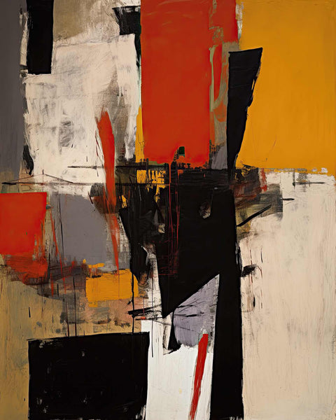 an abstract painting with black, red, yellow, and white colors