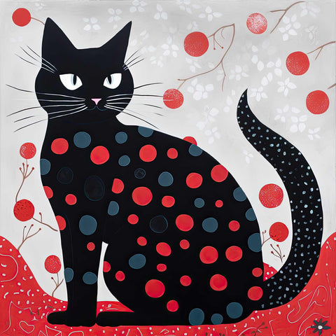 a painting of a black cat sitting on a red blanket